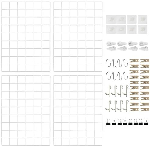 CIKLCIX Metal Grid Wall Panel White, Wire Grid Photo Display Organizer, 17.3×11.8 Wire Board Grid Wall, Grid Picture Frame, 4-Pack Wire Mesh Memo Board with Clips and Hooks