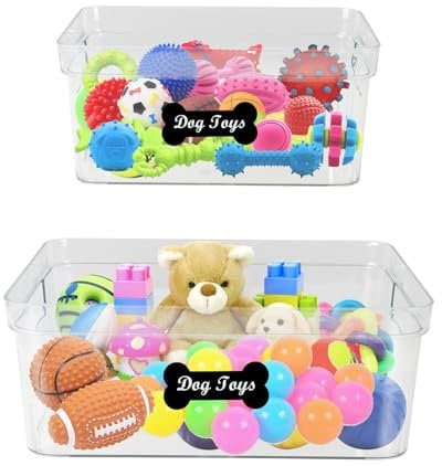 Ctomche Dog Toy Box- 2 Pack Dog Toy Basket with Handle Clear Dog Toy Box Storage Bin Cat and Puppy Toy Box Organiser for Pet Toys, Blankets, Leashes Clothes and Food,Chew-Proof BPA-Free Plastic