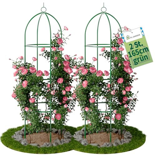 TTL Garden Obelisk Rankhilfe L 165x40cm grün 2er Set - Rosen Rankgitter Metall rostfrei für Kletterpflanzen Rosen Clematis - pulverbeschichteter Stahl 165 cm hoch 40cm Ø Rankturm Tomaten Gurken