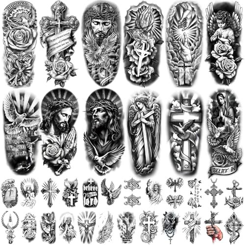 77 Feuilles Tatouage Temporaire Chrétien Adulte Hommes Femmes Enfants Religieux Jésus Croix Dieu Christ Catholique Réaliste Demi-Manches Corps Faux Tatouages Autocollants