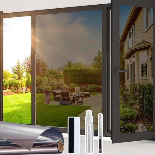 Beautysaid Heat Reflective Window Film Privacy Film for Glass Windows, One Way Mirror Window Tint Film Home, UV Sun Blocker Anti Glare Vinyl House Doors Cover with Tools, Black, 44.5 x 200cm