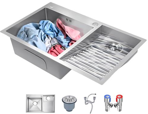 Fregadero De Acero Inoxidable Con Tabla De Lavar: Lavabo Para Uso General Hecho A Mano Para Lavadero, Taller Y Garaje: Acabado Cepillado Duradero, Lavabo Profundo Con Drenaje Eficiente(Right-a,80cm)