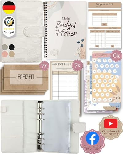 BeginnerBudget® Budget Planner Deutsch - Starterset mit Sparchallenge Budgetplaner deutsch - Sparen mit Umschlagmethode + Anleitung - Ringbuch A6 - Binder A6 Gecko-Style (Weiß (mit Budgetplaner)