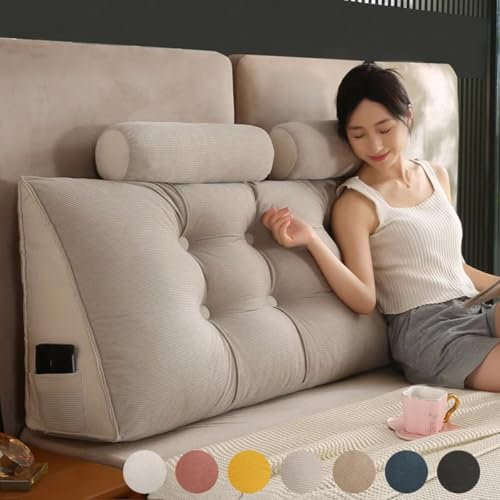 Rückenkissen Bett 150 cm Beige, Bettkissen Rückenlehne mit Nackenrolle, Wasserdicht Rückenstützkissen Gestreifter Flanell Keil Kopfteil Kissen mit Seitentasche, Waschbar Abnehmbar Lesekissen für Bett