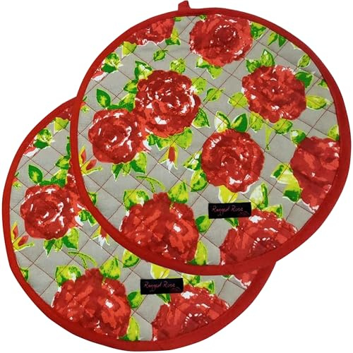 Ragged Rose Aga Cooker Hob Covers - 38 cm x 38 cm Universal Hob Mats for Gas, Oil, Electric, & Induction Aga Cookers - Pair of Machine Washable Cotton Chef’s Pads - Red Rose, Pack of 2