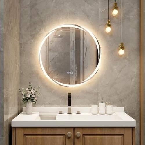FANTASK LED Badspiegel mit Beleuchtung, 60cm runder Badezimmerspiegel Anti-Beschlag, Wandspiegel dimmbar mit Touch-Schalter & Memory-Funktion, LED-Spiegel Hängespiegel für Bad, Oval,60L x 60B cm
