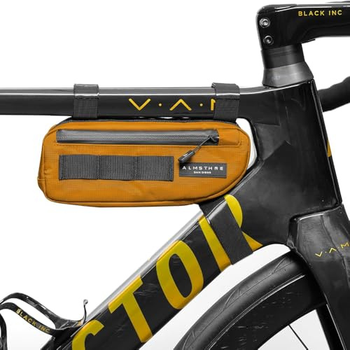 ALMSTHRE Kompakte Fahrradrahmentasche – California Gold | wetterfeste, wasserdichte Reißverschlüsse & doppelseitiger Zugang für Straßen-, MTB- und E-Bike-Rahmen