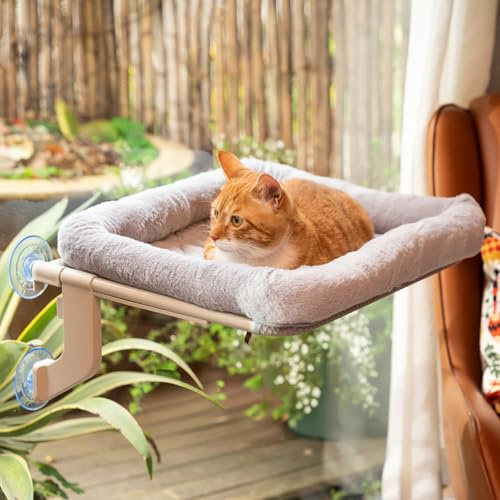 YeeLok Cat Window Perch with Bolster, Strong Metal Frame, Suction Cup & Hook Mounting Options, Perfect for Window Sills, Bedside and Glass (Gray, Large)