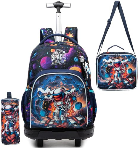ZBAOGTW Rollrucksack für Kinder 8–12 Jahre, Rollrucksack für Mädchen, Rucksäcke mit Rollen für Schuljungen, Schwarzer Astronaut, 16.9 x 12.5 x 8.6 inches, Casual