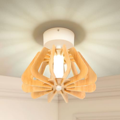 Kuwork Led Deckenleuchte, Deckenlampe Flurlampe mit 1 Flammige Holzspan-Lampenschirm, Moderne Innen Kronleuchter für Korridor Küche, 4000K Neutralweiß, 24CM