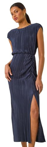 Roman Originals Plisse Cowl Back Midi Dress for Women UK - Ladies Everyday Holiday Spring Summer Round Neckline Comfy Soft Evening Vacation Work Party - Navy - Size 20