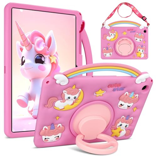 Coolden für Samsung Galaxy Tab A9 Plus Hülle 11 Zoll Süße 3D Rainbow Unicorn Silikon Hülle für Kinder Mädchen Samsung Tab A9+ Plus Stoßfeste Schutzhülle mit Drehbar Ständer Schultergurt Griff, Rot