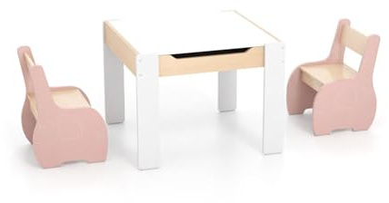 FANTASK Multifunktionales Kindertisch, Kindersitzgruppe mit doppelseitige Tischplatte und Stauraum, Kinder Maltisch Holz mit 2 Stühlen, Kindermöbel Sitzgruppe für Kinder ab 3 Jahren (Rosa)