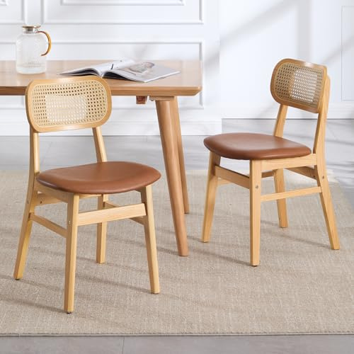 chairus Esszimmerstühle 2er Set Holz, Küchenstühle PU Leder&Rattan, Braun | Esszimmerstuhle Holz Polsterstuhl, Holzstuhle Akzentstühle mit Rattan Rückenlehne für Küche Wohnzimmer Esszimmer