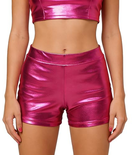 Wildarms Shorts Donna Metallizzati, Pantaloncini Vita Alta Tipo Pelle sintetica elastica; Hot Pants Glitter Vinile