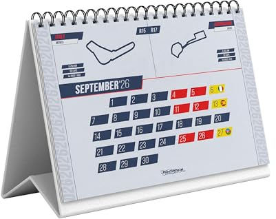Tischkalender für die Saison 2026 F1 Motorsport A5 - Praktischer Saisonplaner Formel 1 mit Rennbahngrafiken, Grand Prix Daten und Score-Typection, Premium-Papier 300g/m2
