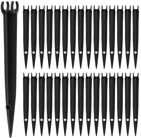 Kalolary 30PCS 1/4”Drip Irrigation Support Stakes,Black Drip Tubing Stakes with Adjustable Height, Plastic Ground Stakes for Drip Watering System in Garden, Flower Beds and Plants (30P Support Stakes)