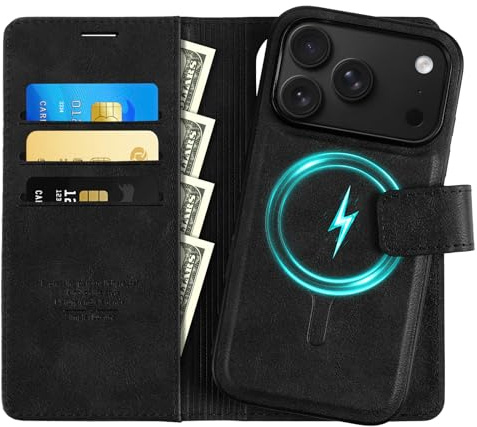 Vauki 2-in-1 Handyhülle für iPhone 17 Pro Hülle Magnetische Abnehmbar, Premium PU Leder Stoßfest Klapphülle Kartenfach Kabelloses Laden RFID Standfunktion Schutzhülle für iPhone 17 Pro - Schwarz