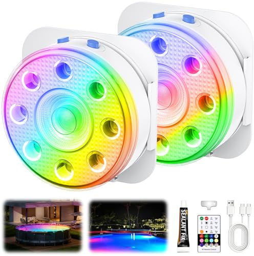 Eyoushow Luces para Piscina, Sumergible Recargable Luces LED Piscina Desmontable con Mando a Distancia, Iluminación Magnética Flotante LED RGB para Piscinas, Estanques, Fuentes, Acuarios (2 Pieza)