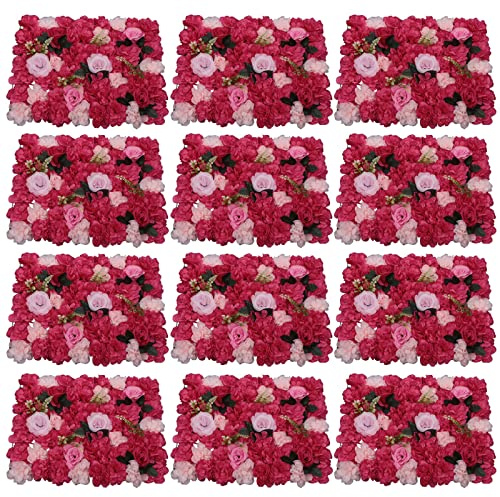 Vivhcotra Artificial Flower Wall Panel 12PCS 60x40cm Silk Fake Flowers for Decoration Outdoor Indoor Wedding Party Floral Backdrop Home Garden Privacy Screen Silk Wall Flower Mat (Rose Color)