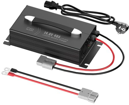 Power Queen 14,6V 40A Chargeur Batterie Lithium, pour 12V LiFePO4 Batteries | Sortie AC-DC, 0V Activé, Charge à 3 Segments, Indicateur LED, avec Poignée, Prise Anderson, pour Camping-Cars Caravane