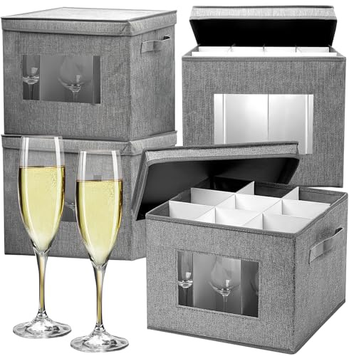 Xaztr 4 Pack Stemware Storage Cases, Wine Glass Storage Box with Dividers | 12 Compartments, Glass Organizer Storage Containers, Box Mug Cup Packing Boxes with Lid & Handle for Moving, Grey