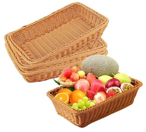 4 Stück Brotkorb Geflochten, Brotkörbchen, Weidenkörbchen 35x25x7cm | Aufbewahrungskorb Geflochten für Gemüse Obst Brot Lebensmittel Home Kitchen Restaurant(Rechteckig)