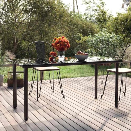 Ordellia Table à dîner de Jardin Noir 160x80x74 cm en Acier et Verre trempé, Meuble extérieur terrasse Balcon Patio Cour Veranda avec rallonge Extensible et Pieds en Tube carré