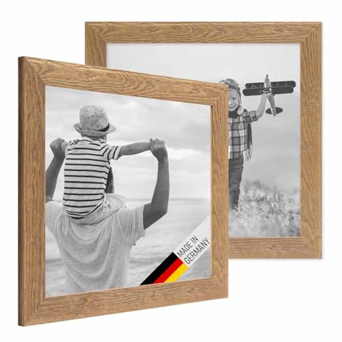 PHOTOLINI Bilderrahmen 30x30 cm Holz Eiche-Optik, 2er Set Echtholz-Rahmen rustikal, Strandhaus, Made in Germany, Echtglas, zum Aufhängen, extra Zubehör - Treibholzlook mit einem Hauch Küstenflair