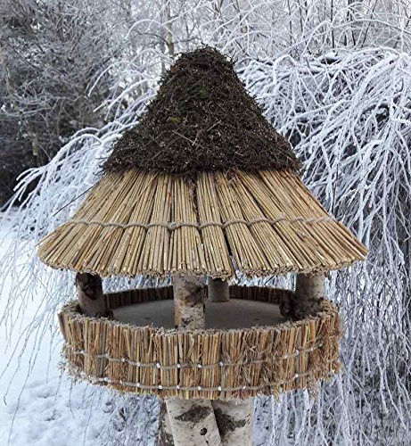 Vogelfutterhaus mit Reetdach und Heidekappe, Heidehütte klein