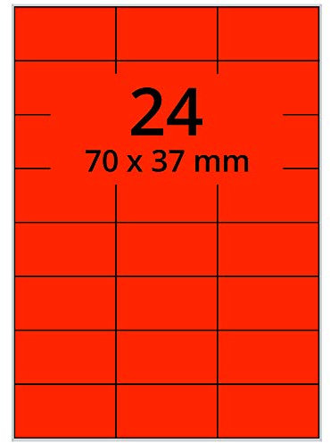 Farbige Etiketten auf A4 Bogen, neonrot - 70 x 37 mm - 2.400 Papier Aufkleber auf 100 Blatt, selbstklebende Laser-Etiketten fluorisierend leuchtfarbig