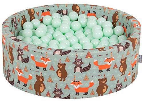 KiddyMoon Rund Bällebad Bällepool 90X30cm/200 Bälle ∅ 7Cm Ballgruben Mit Bunten Bällen Für Babys Spielbad Kleinkinder, Hergestellt In Der EU, Füchse-Grün:Mint