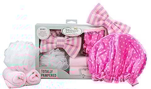 The Vintage Cosmetic Company Totally Pampered Pink Gift Set Collection Make-up Headband, Body Polisher, Shower Cap and Make-up Removing Cloths