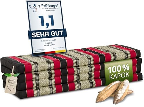 livasia Nachhaltige Klappmatratze Kapok XXL - 200x140x8cm - extrabreite Gästematratze, Faltbare Matratze doppel, ökologische Yogamatte, Gästebett klappbar, Liege Garten Balkon (Schwarz/Rot)