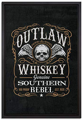 Pixxprint Whiskey Etikett „Outlaw“ Leinwandbild 60x40 cm im Bilderahmen, Wandbild, Schattenfugenrahmen, Kein Poster