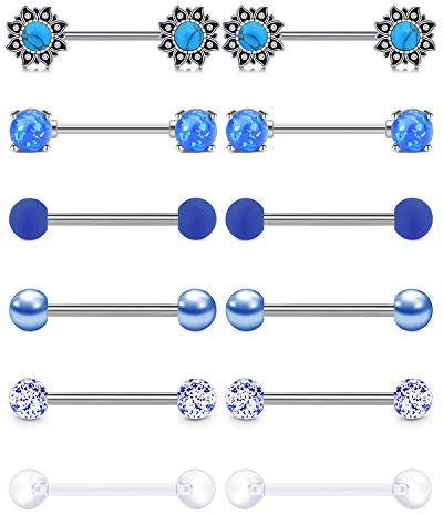 AceFun 6 Paires Piercing Téton Langue Anneaux Mamelon Anneaux Barbell en Acier Chirurgical 14G Langue Téton Retainers Piercing Barres Femmes Hommes Piercing Bijoux