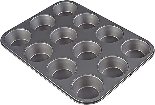St@llion Metallic 12 Cup Hole Baking Tray/Pan/Tin for Cooking Muffin/Pancakes/Cupcakes/Brownies/Cheesecakes/Cookies/Biscuits/Macaroon in Kitchen (Black, 35cm x 26cm x 3cm)
