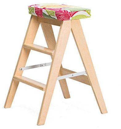 MTYLX Outdoor Home Dual-Purpose Tritthocker, Hocker Leiter Mit Kissen Dual-Use 3-Step Leiter, Birke, 3 Styles,Holzfarbe