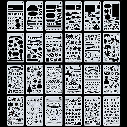 Gullor 24-teiliges Kunststoff-Zeichenschablonen-Set für Kinder, DIY-Scrapbook, Malerei, Handwerk, Bullet Journal (17,8 x 10,2 cm)