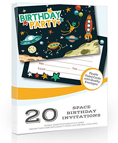 Olivia Samuel 20 x Space Birthday Party Invitations from A6 Postcard style - Ready to Write with envelopes