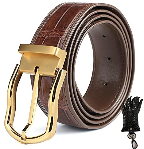 Echte Krokodilgürtel für Herren, Alligator Echtleder Herrengürtel, Kratzfeste und lichtechte Edelstahl-Gürtelschnalle (Krokodilpfote Schlüsselanhänger & Geschenkbox enthalten) 120 braun B-Style 1