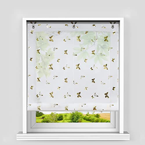Heichkell Raffrollo mit Ösen, Gardine Küche Glänzende, Gold BxH 100x130 cm | Voile Moderne Raffgardine ohne Bohren, Kleinfenster Schmetterling-Dekomuster