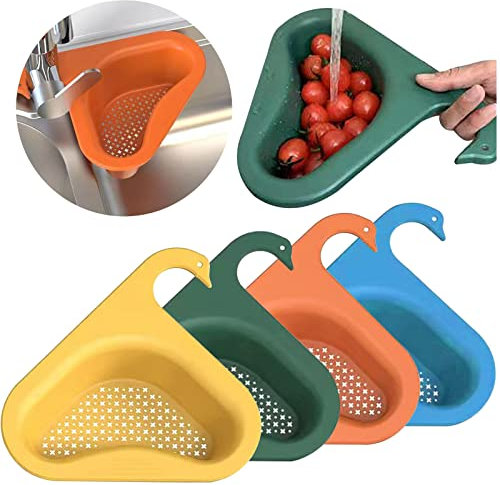 EUNEWR 4PCS Swan Abflusskorb,Multifunktional Abtropfgestell zum Aufhängen,Ecksieb für Küchenspüle,Dreieckiger Filterkorb,mehrfarbig Waschbeckensiebkorb,Ecksieb für Küchenspüle, Passend für Alle Spülen