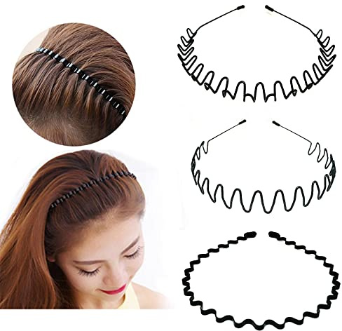 Metall Haarband 3 Stück Unisex Haarbänder Welle Frühling Haarreifen 90er Damen Herren Multi-Stil Stirnband Zubehör mit Rutschfesten Zähnen für Outdoor Sports Yoga