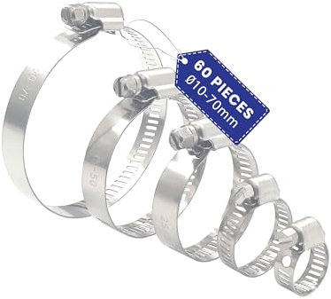 AZISHA Collier De Serrage Inox 10-70mm 60 Pièces - 304 Collier De Serrage En Acier Inoxydable - Réglable Colliers Serrage Metallique - W4 Collier Tuyau - Collier De Serrage À Vis Pour Piscine,Jardin
