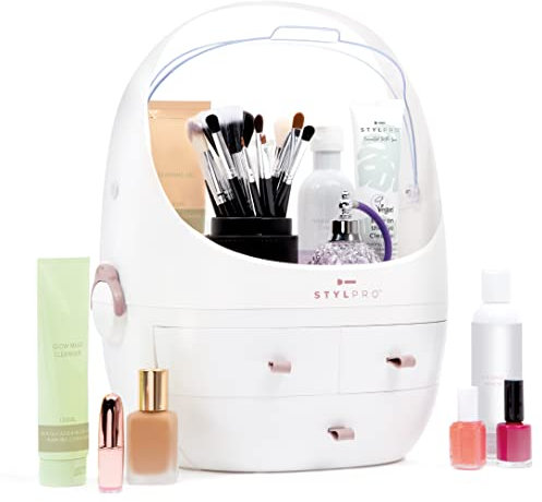 STYLPRO Beauty Storage Pod, Cosmetics & Skincare Organiser with 3 Drawers, Detachable Lid, Dustproof Cover & Travel Handle for Dresser, Bedroom, Bathroom & Home Organisation, White 31x27x40cm