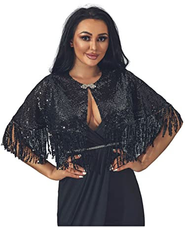 Unicra Abendkleid, Pailletten, Bolero, Jacke, Schultern, Schal, Pailletten, Topper, Spitze, Braut, kurz, Cape, für Damen und Brautjungfer, Schwarz , 38