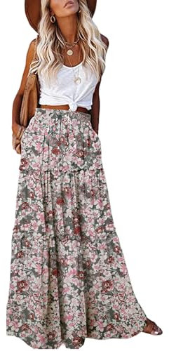 EARKOHA Langer Maxirock für Damen, hohe Taille, Paisleymuster, mit Taschen, Weißer Blumenstrauß, Klein