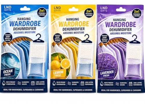 LND Gifts Set Of 3 Scented Hanging Wardrobe Dehumidifiers - Dehumidifier For Bedroom, Dehumidifiers Disposable, Dehumidifier Bags, Lavender, Ocean, Lemon Scents