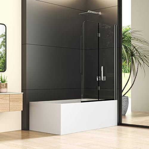 Goezes Faltbar Duschwand für Badewanne 100x140cm 2-teilig, Schwarz Duschtrennwand Badewannenaufsatz, Doppelfaltflügeltür Duschabtrennung, 6mm Nano ESG Glas